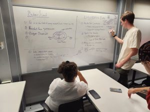 Build Team members writing project ideas down on a whiteboard